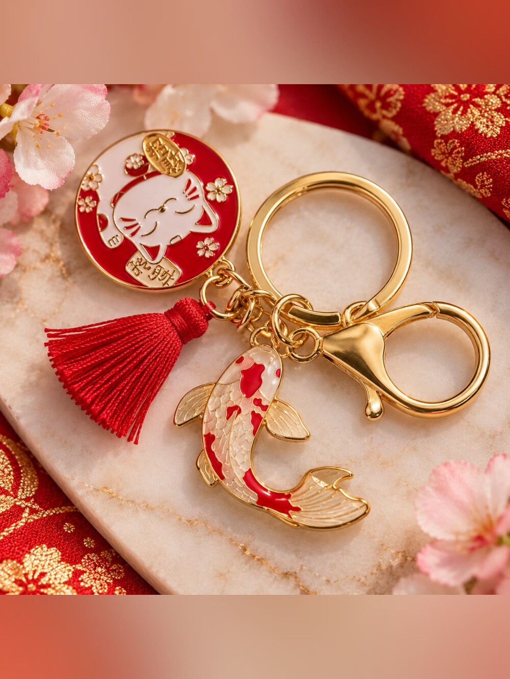 Brand New Lucky Cat & Koi Fish Keychain / Purse Charm New